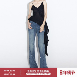 ourhour 原创设计烫钻毛边下摆 低腰宽松微喇叭阔腿牛仔裤女春秋