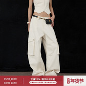 裤 ourhour 宽松阔腿裤 女春设计感工装 立体大贴袋 象牙白解构美式