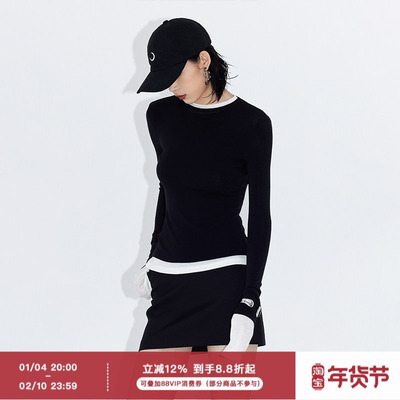 ourhour撞色假两件拼接打底衣