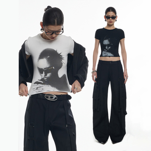 ourhour 千禧风 噪点人像波谱印花T恤2026春修身短款露脐辣妹上衣