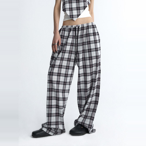 ourhour撞色格纹抽绳宽松休闲裤