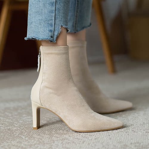 尖头高跟鞋女2024年新款春秋粗跟绒面短靴加绒小个子弹力瘦瘦靴子