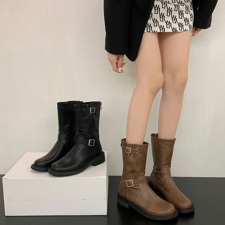 粗跟时装靴骑士短靴女秋冬新款复古风中筒西部牛仔靴马丁靴女靴子