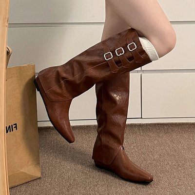 内增高尖头可拆卸长筒西部靴女鞋2024新款春秋美拉德棕色骑士靴子