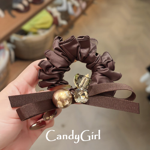 韩国咖色水钻珍珠蝴蝶结发圈