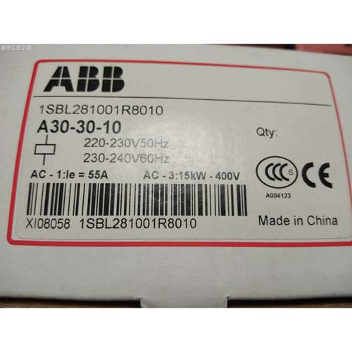 非实价ABB 接触器 A30-30-10 220V 55A 1SBL281001R8010