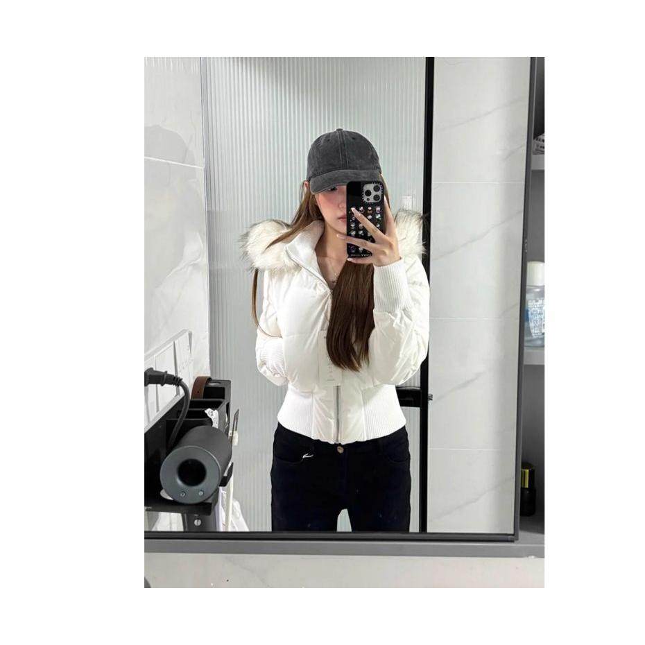 粉色针织收腰连帽棉服外套女20棉衣/棉服