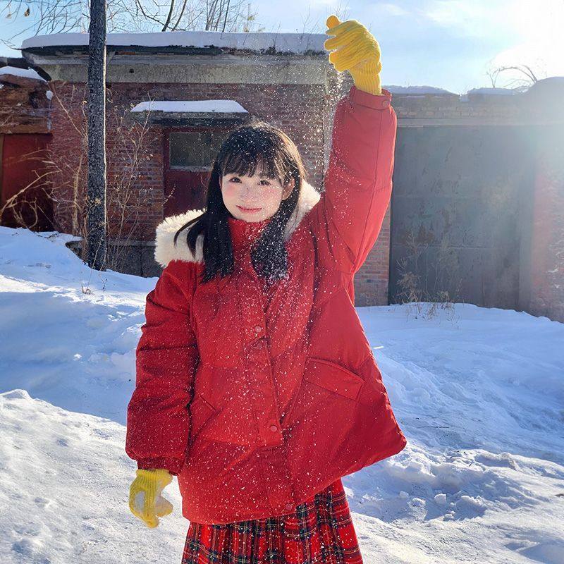 大毛领圣诞红加厚保暖棉服外套女棉衣/棉服