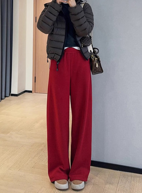 小众设计暗红色窄版加厚加绒阔腿直筒裤高腰休闲裤女冬新G122409
