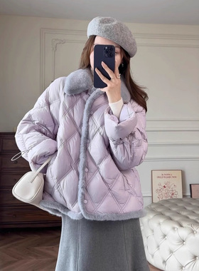 2025冬季新款时尚新色衬衫式淡紫色小香风菱格羽绒棉服女短款女装