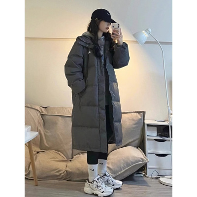 韩系灰色连帽羽绒服女中长款2024冬季新款过膝宽松加厚白鸭绒外套