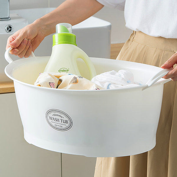 日本inomata进口提手大容量白色塑料椭圆形洗衣服盆多用清洁水盆