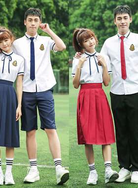 中小学生毕业班服英伦学院风中长红裙短袖套装校服jk合唱团表演服
