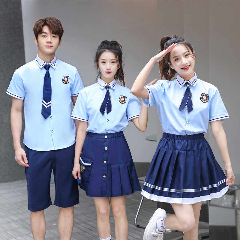学院风蓝衬衫短袖套装高中生班服校服中学生JK制服演出服毕业服