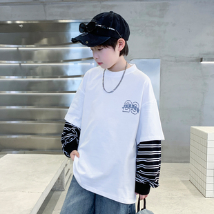 男童春季假两件长袖T恤2026新款痞帅中大童春秋款儿童男孩打底衫T