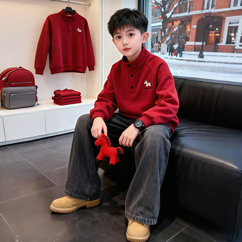 男童红色加绒卫衣秋冬季2026新款儿童12岁本命年中大童一体绒衣服