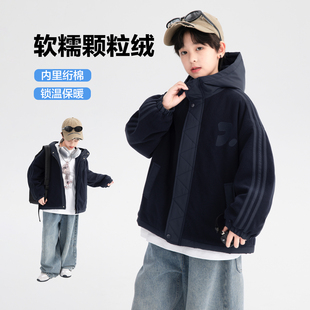 男童秋冬摇粒绒夹棉外套2025新款潮中大童冬季连帽二棉棉服儿童装