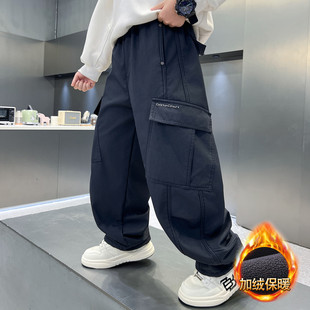 男童一体绒工装裤秋冬2025新款痞帅中大童冬季加厚儿童加绒休闲裤