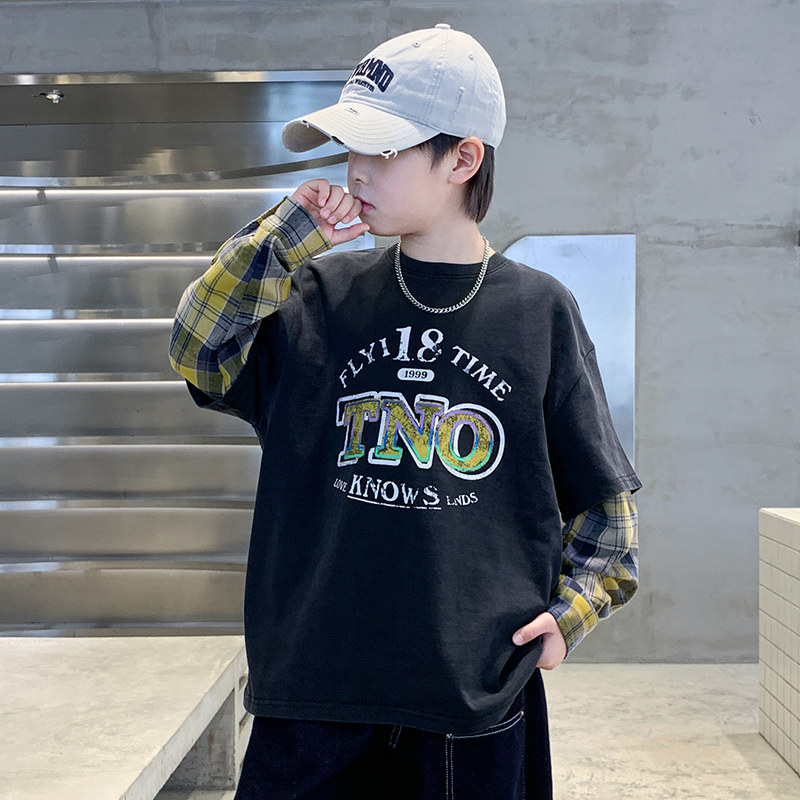 儿童装男童假两件卫衣春秋款2026新款痞帅中大童春款上衣潮牌炸街