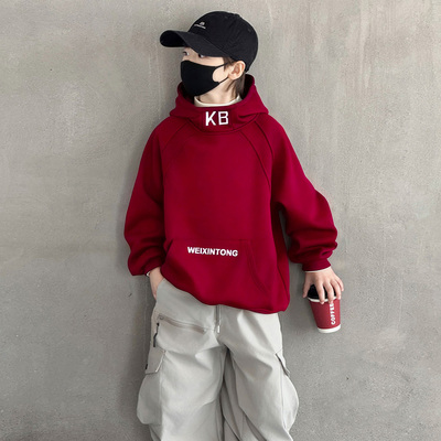 秋冬季男童红色一体绒加厚卫衣潮