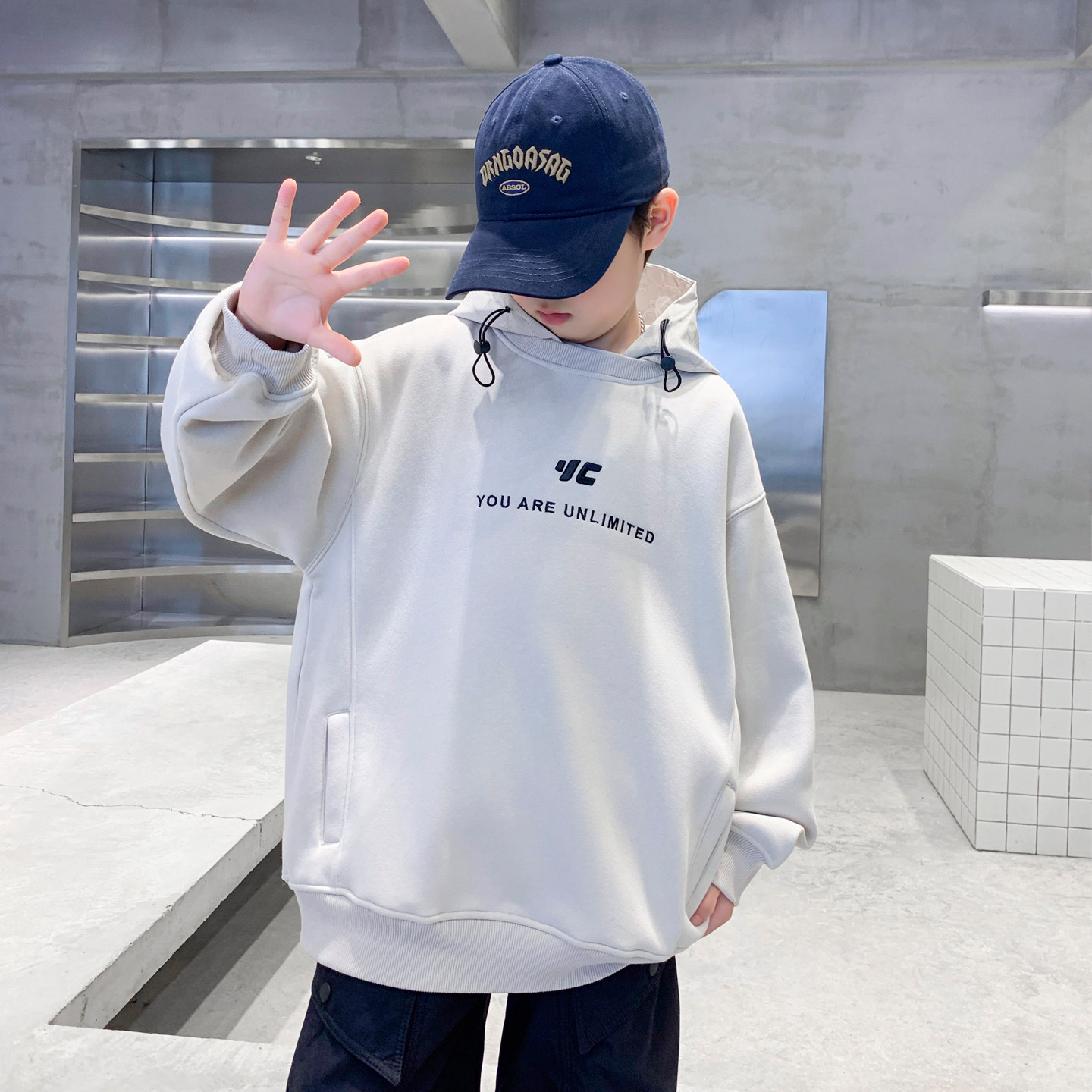 男童加绒连帽卫衣秋冬2025新款潮流儿童冬季中大童加厚一体绒内搭