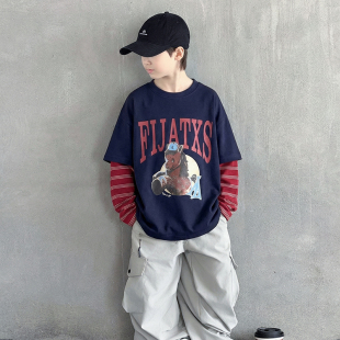 男童春季假两件T恤2026新款痞帅中大童宽松儿童春秋长袖打底衫潮