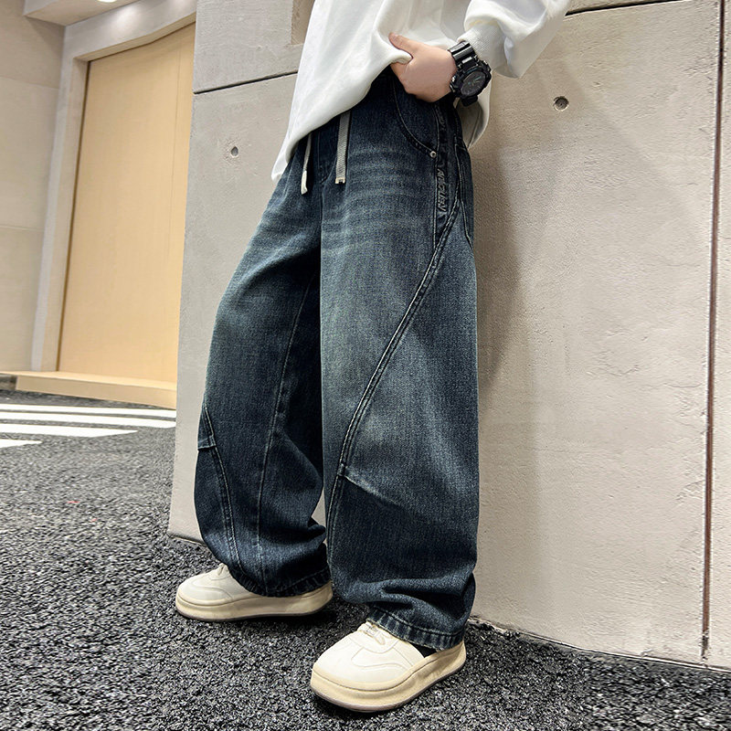 长裤棉混牛仔裤口袋印花裤子宽松