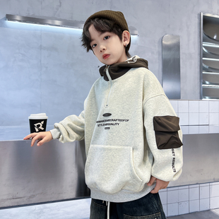 男童加绒半拉链卫衣秋冬2025新款潮儿童冬季中大童连帽一体绒打底