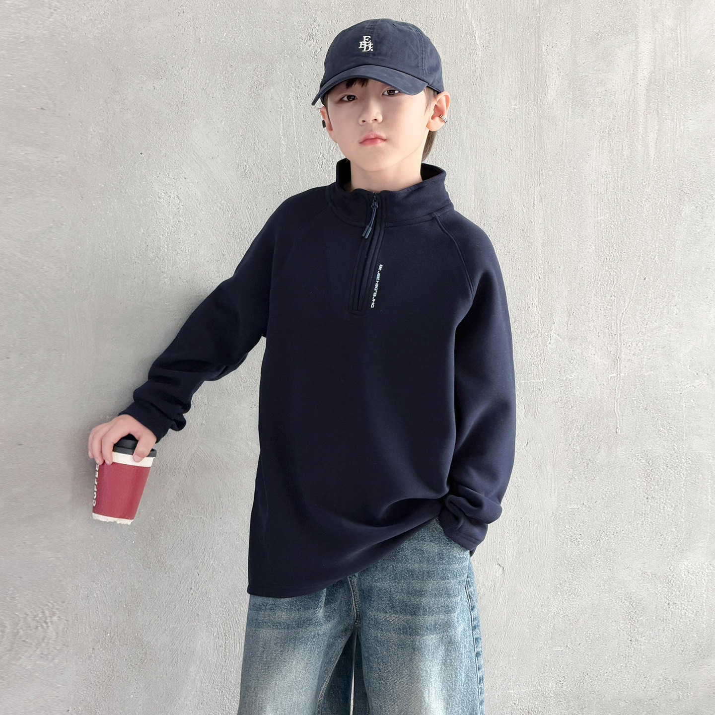 秋冬季男童德绒拉链打底衫宽松潮