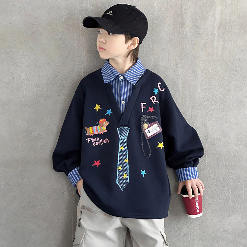 男童假两件卫衣春款2026新款痞帅中大童春装内搭儿童春秋季打底衫