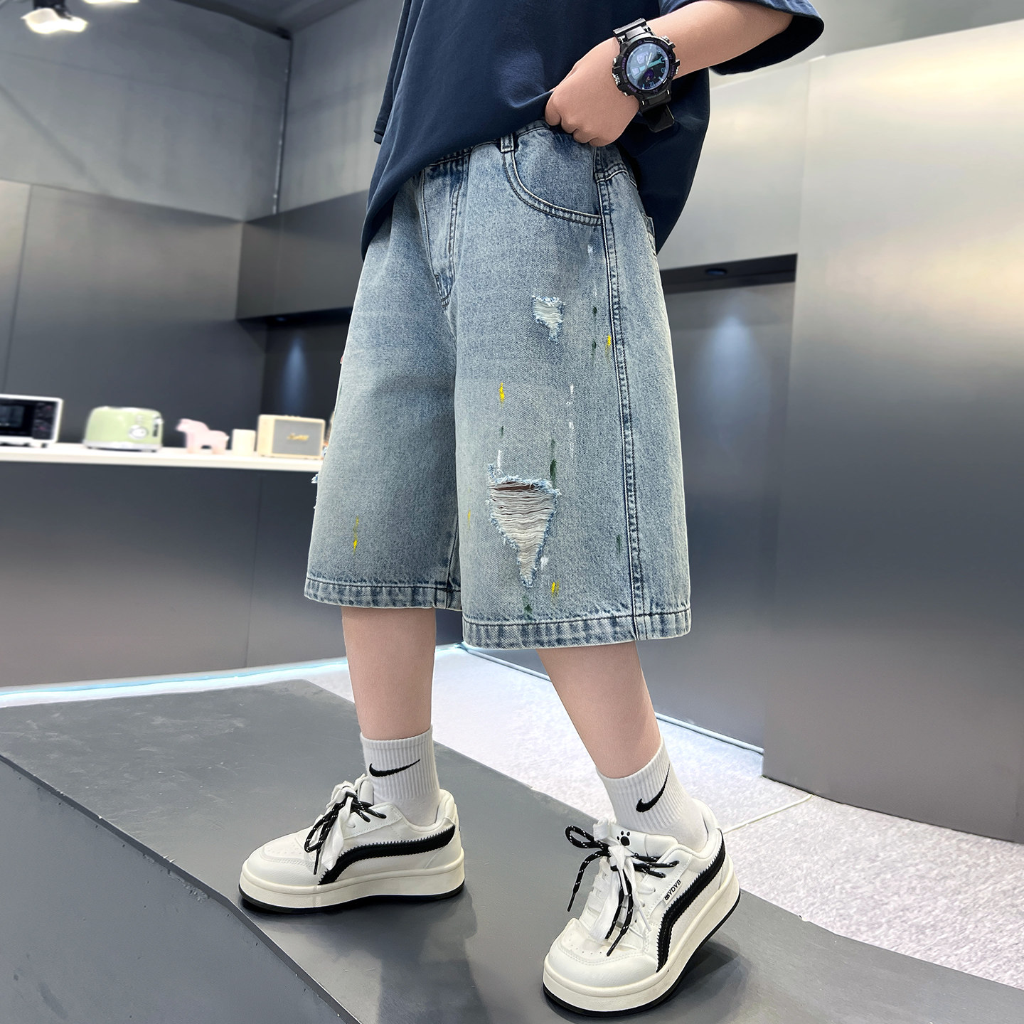 五分裤棉混牛仔短裤破洞裤子宽松