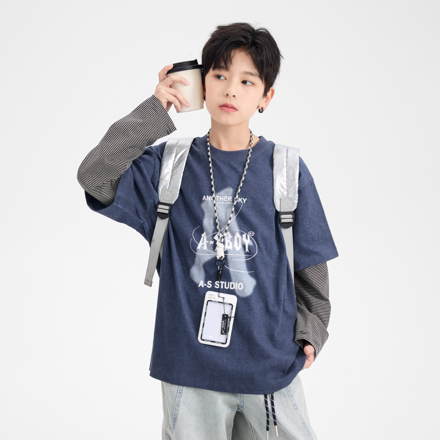 儿童装男童春款假两件卫衣2026新款酷帅中大童春秋季男孩打底衫潮