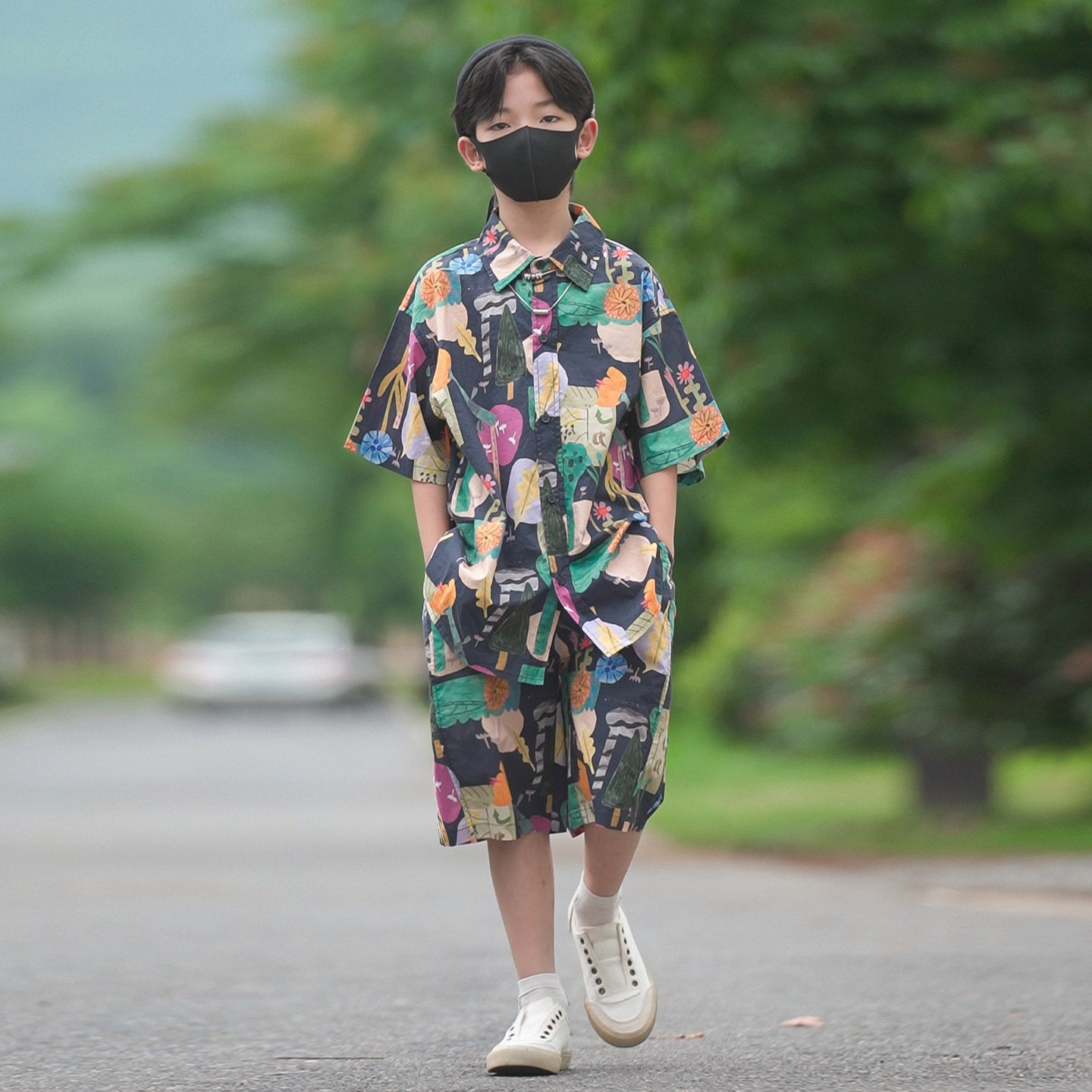 休闲棉混两件夏季印花套装宽松潮