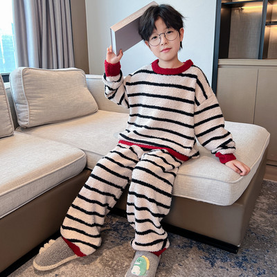 半边绒简约棉秋冬条纹加厚家居服