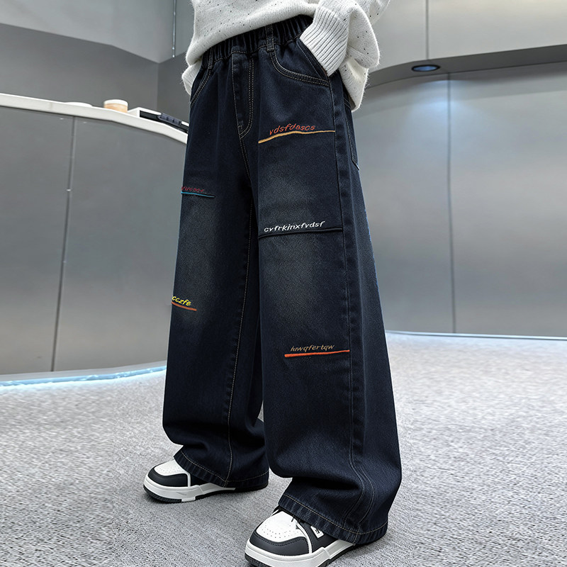 男童一体绒牛仔裤秋冬2026新款中大童冬装儿童男孩加绒休闲裤宽松