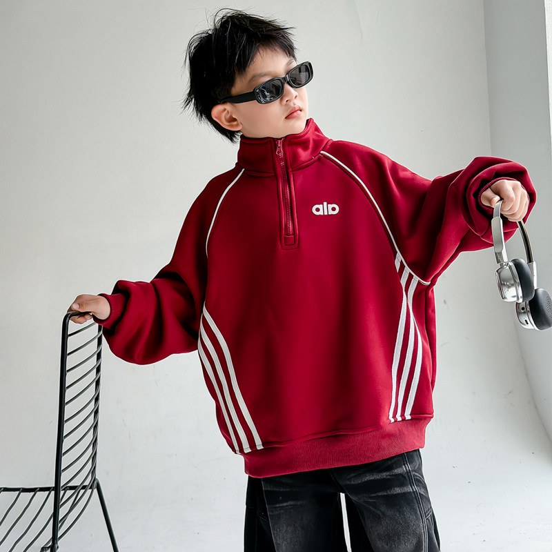 男童红色加绒卫衣秋冬2026新款儿童新年衣服中大童冬装半拉链内搭
