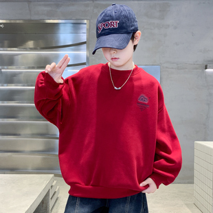 男童红色加绒卫衣秋冬2026新款时髦中大童冬款新年衣服儿童拜年服