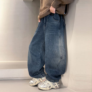 男童加绒加厚牛仔裤秋冬2026新款潮中大童一体绒裤子儿童冬季长裤