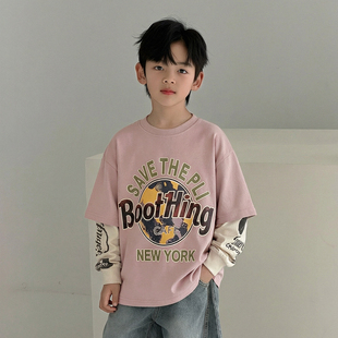洋气中大童美式 涂鸦风宽松百搭上衣T T恤春秋2026新款 男童圆领长袖