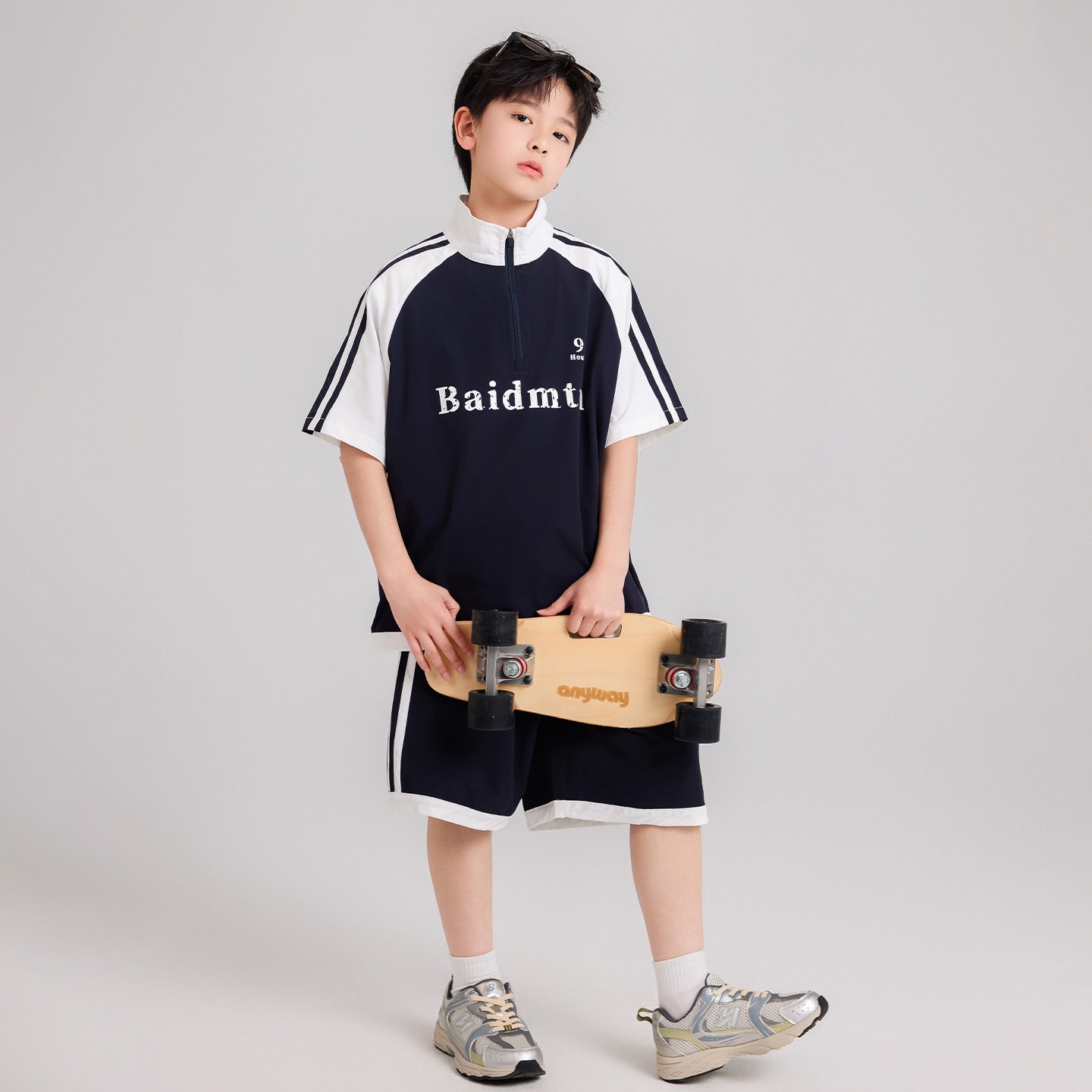 运动速干两件夏季领子套装宽松潮