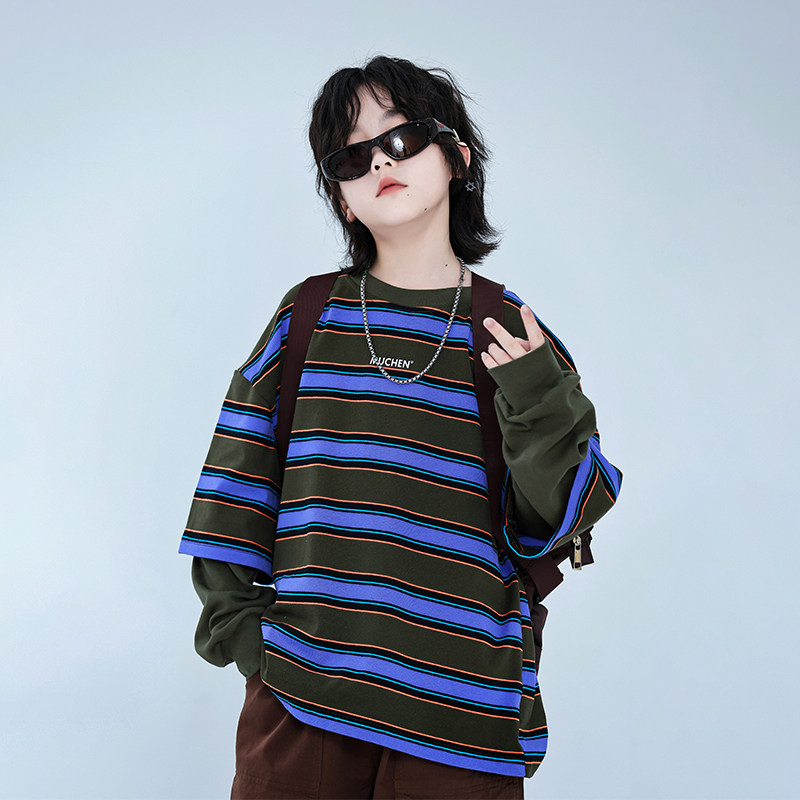 儿童装男童春季假两件T恤2026新款韩版中大童春款条纹卫衣洋气潮