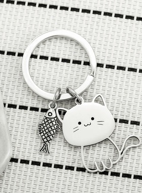新款日系猫咪吃鱼不锈钢钥匙扣可爱卡通猫猫挂饰情侣钥匙链