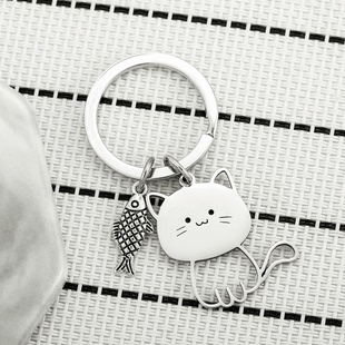 新款日系猫咪吃鱼不锈钢钥匙扣可爱卡通猫猫挂饰情侣钥匙链