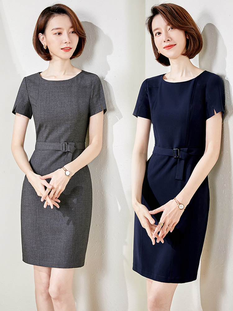 夏季新款职业装修身简约纯色短袖收腰连衣裙时尚ol酒店前台工作服