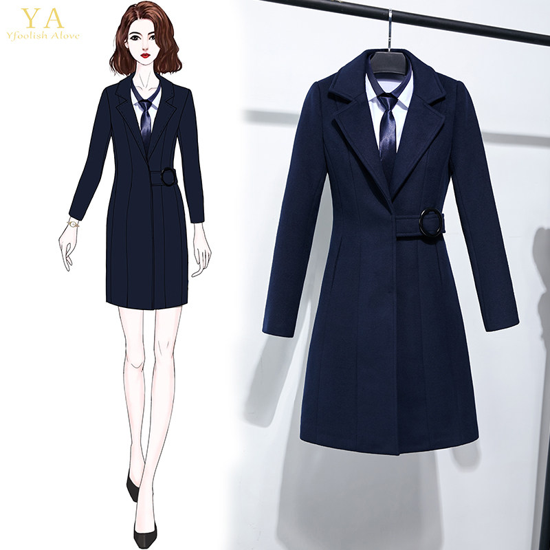 冬季新款职业装修身系带加棉呢子外套赫本风中长款大衣美容院制服