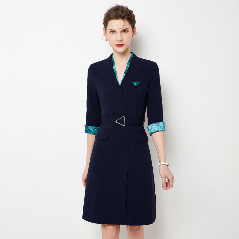 夏季新款职业女装修身时尚气质高端通勤中袖连衣裙酒店前台工作服