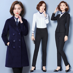 冬季经典职业女装中长款通勤加厚夹棉外套西装领修身毛呢大衣工装