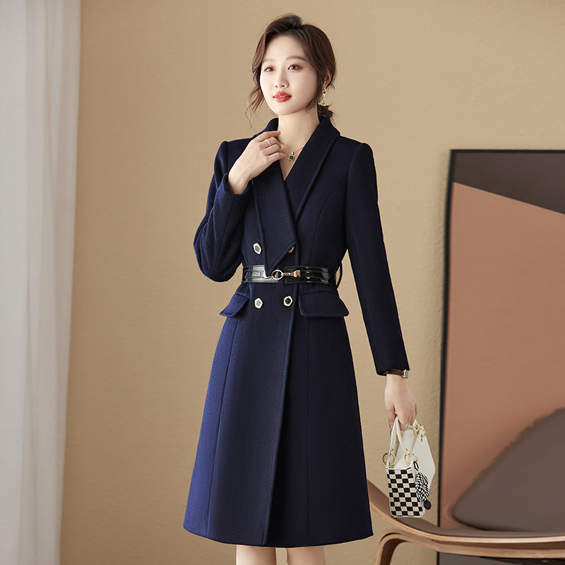 冬季新款职业装修身收腰保暖羊毛呢外套加棉加厚大衣酒店前台制服