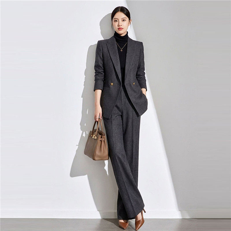 轻奢毛呢西装套装女深灰色长袖长裤职业商务通勤高级感两件套