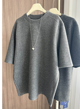 春季圆领短袖宽松大版半袖上衣磨毛T恤女灰色针织打底衫女士体恤